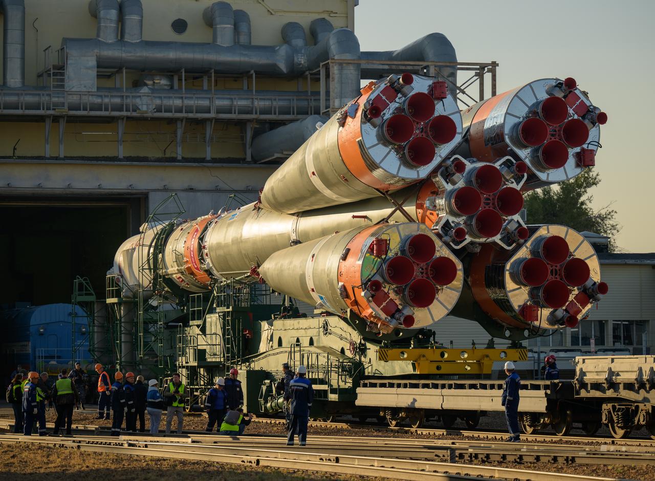 The Soyuz rocket is rolled out by train to the launch pad at Site 31, Tuesday, Sept. 12, 2023, at the Baikonur Cosmodrome in Kazakhstan. Expedition 70 NASA astronaut Loral O'Hara, Roscosmos cosmonauts Oleg Kononenko, and Nikolai Chub are scheduled to launch aboard their Soyuz MS-24 spacecraft on Sept. 15. Photo Credit: (NASA/Bill Ingalls)