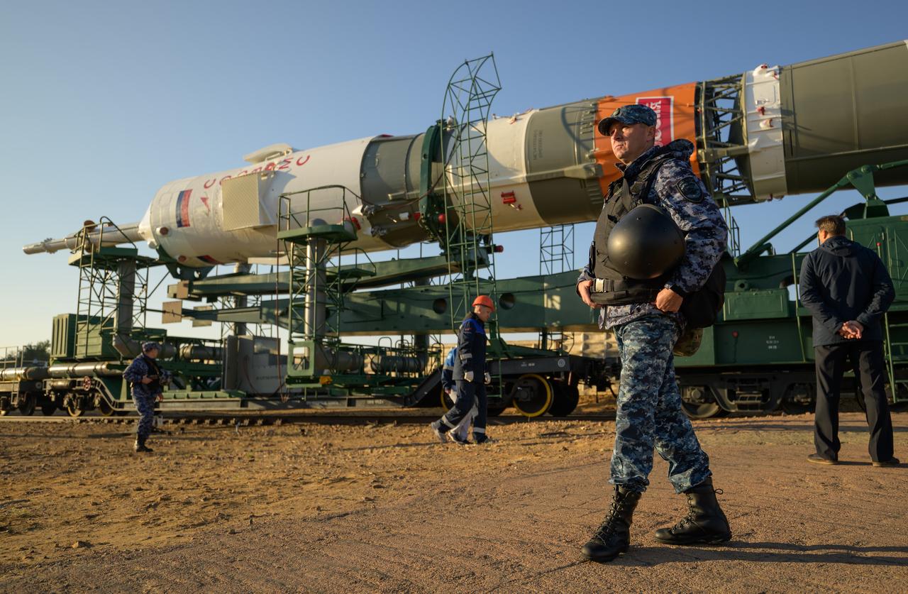 The Soyuz rocket is rolled out by train to the launch pad at Site 31, Tuesday, Sept. 12, 2023, at the Baikonur Cosmodrome in Kazakhstan. Expedition 70 NASA astronaut Loral O'Hara, Roscosmos cosmonauts Oleg Kononenko, and Nikolai Chub are scheduled to launch aboard their Soyuz MS-24 spacecraft on Sept. 15. Photo Credit: (NASA/Bill Ingalls)
