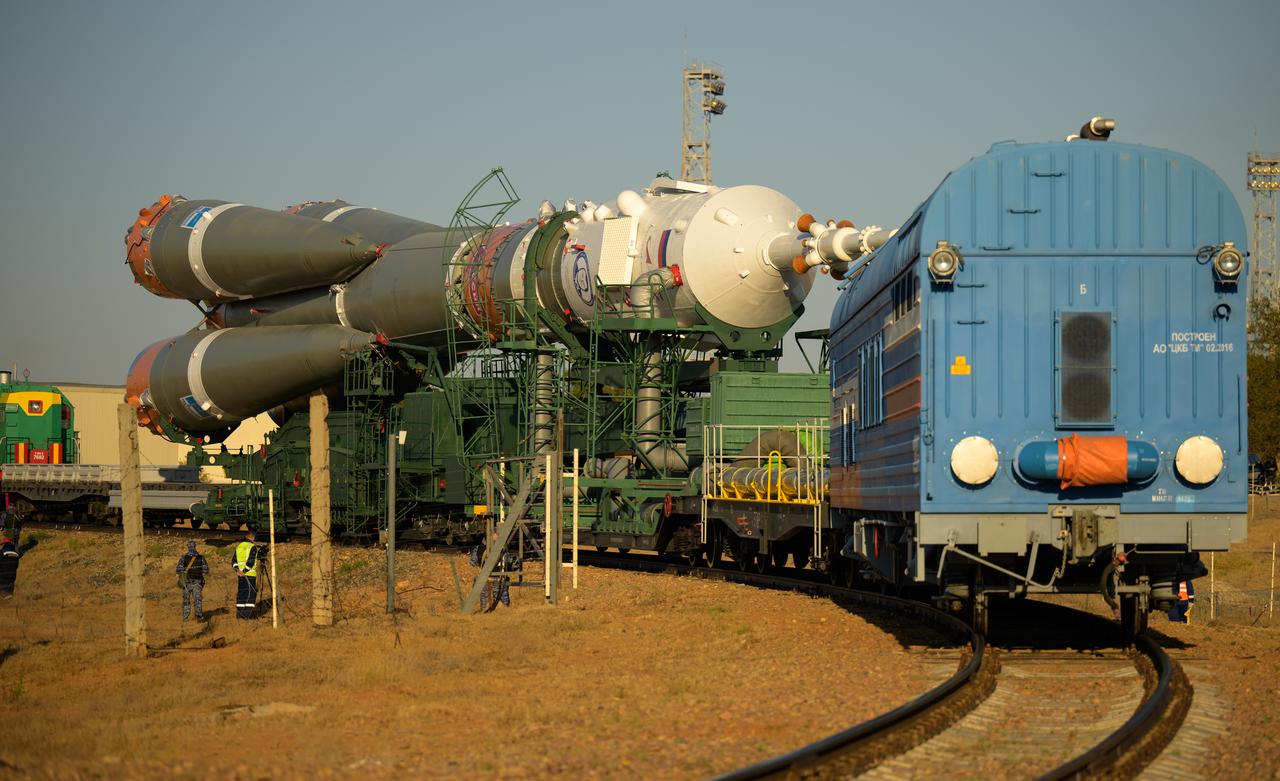 The Soyuz rocket is rolled out by train to the launch pad at Site 31, Tuesday, Sept. 12, 2023, at the Baikonur Cosmodrome in Kazakhstan. Expedition 70 NASA astronaut Loral O'Hara, Roscosmos cosmonauts Oleg Kononenko, and Nikolai Chub are scheduled to launch aboard their Soyuz MS-24 spacecraft on Sept. 15. Photo Credit: (NASA/Bill Ingalls)