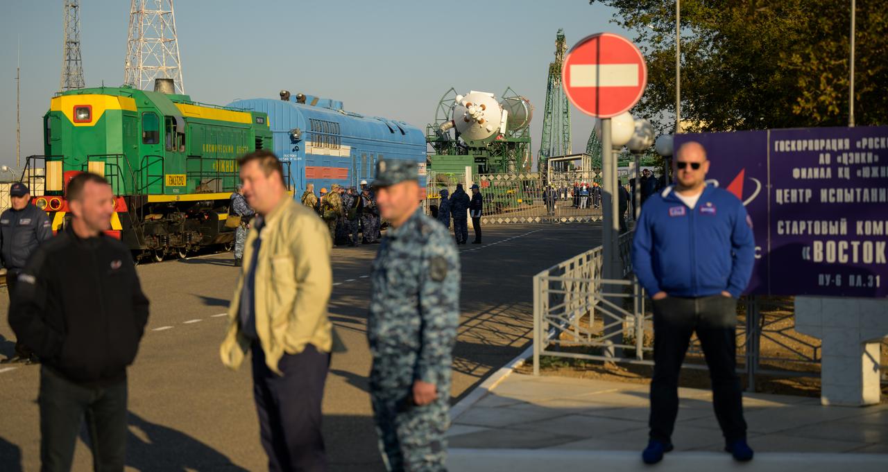 The Soyuz rocket is rolled out by train to the launch pad at Site 31, Tuesday, Sept. 12, 2023, at the Baikonur Cosmodrome in Kazakhstan. Expedition 70 NASA astronaut Loral O'Hara, Roscosmos cosmonauts Oleg Kononenko, and Nikolai Chub are scheduled to launch aboard their Soyuz MS-24 spacecraft on Sept. 15. Photo Credit: (NASA/Bill Ingalls)