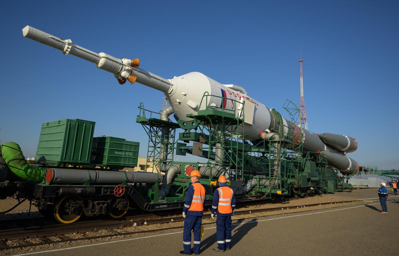 The Soyuz rocket is rolled out by train to the launch pad at Site 31, Tuesday, Sept. 12, 2023, at the Baikonur Cosmodrome in Kazakhstan. Expedition 70 NASA astronaut Loral O'Hara, Roscosmos cosmonauts Oleg Kononenko, and Nikolai Chub are scheduled to launch aboard their Soyuz MS-24 spacecraft on Sept. 15. Photo Credit: (NASA/Bill Ingalls)