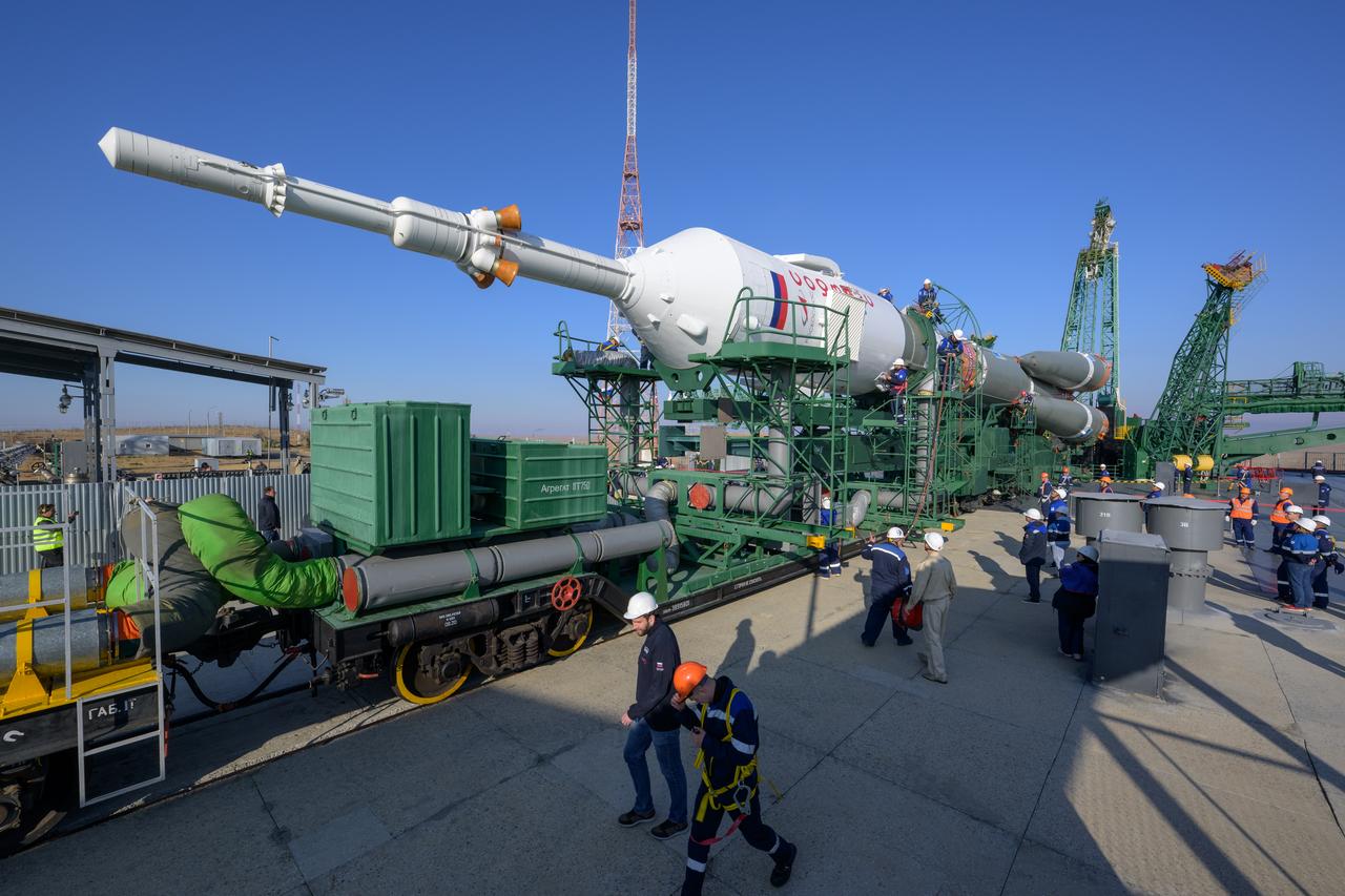 The Soyuz rocket is rolled out by train to the launch pad at Site 31, Tuesday, Sept. 12, 2023, at the Baikonur Cosmodrome in Kazakhstan. Expedition 70 NASA astronaut Loral O'Hara, Roscosmos cosmonauts Oleg Kononenko, and Nikolai Chub are scheduled to launch aboard their Soyuz MS-24 spacecraft on Sept. 15. Photo Credit: (NASA/Bill Ingalls)