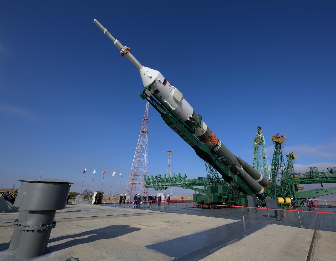 The Soyuz rocket is rolled out by train to the launch pad at Site 31, Tuesday, Sept. 12, 2023, at the Baikonur Cosmodrome in Kazakhstan. Expedition 70 NASA astronaut Loral O'Hara, Roscosmos cosmonauts Oleg Kononenko, and Nikolai Chub are scheduled to launch aboard their Soyuz MS-24 spacecraft on Sept. 15. Photo Credit: (NASA/Bill Ingalls)