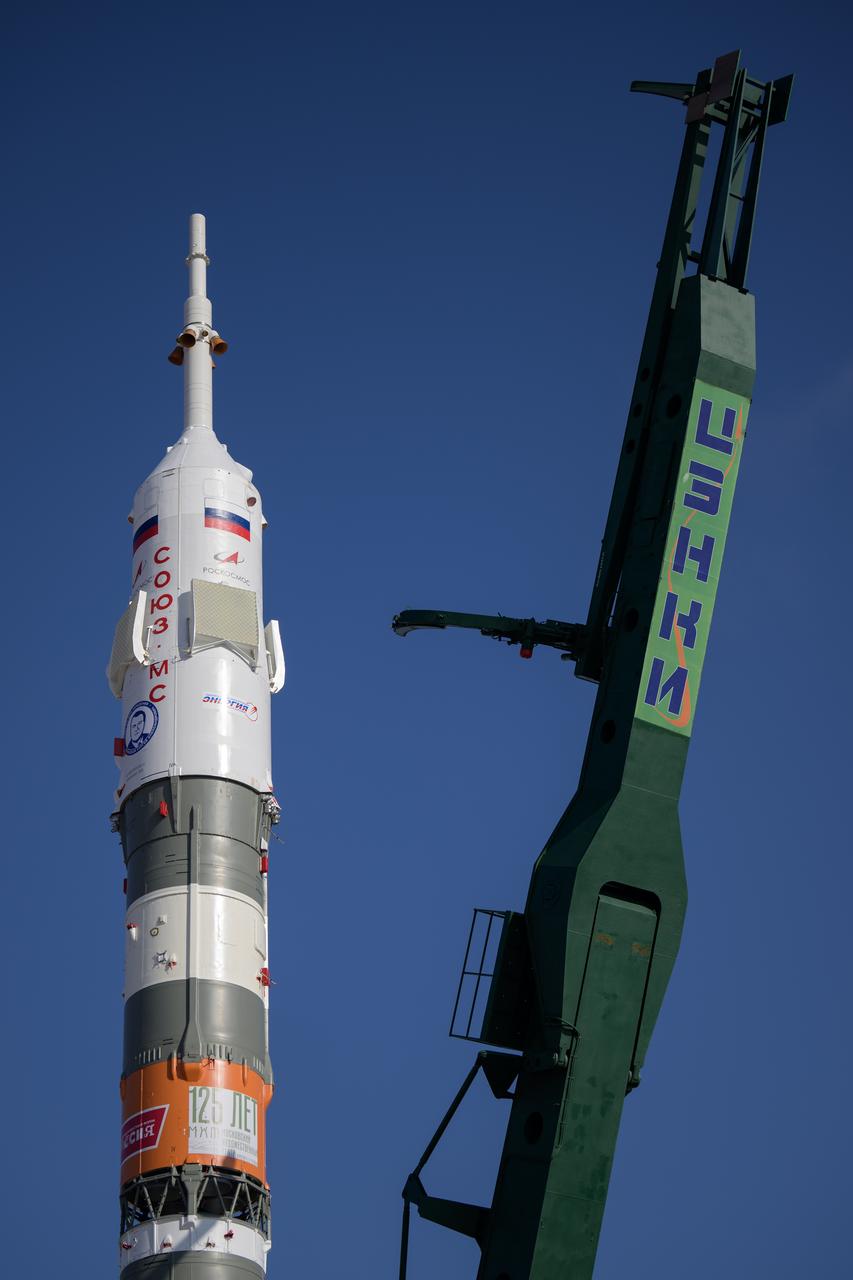 The Soyuz rocket is seen after being rolled out by train to the launch pad at Site 31, Tuesday, Sept. 12, 2023, at the Baikonur Cosmodrome in Kazakhstan. Expedition 70 NASA astronaut Loral O'Hara, Roscosmos cosmonauts Oleg Kononenko, and Nikolai Chub are scheduled to launch aboard their Soyuz MS-24 spacecraft on Sept. 15. Photo Credit: (NASA/Bill Ingalls)