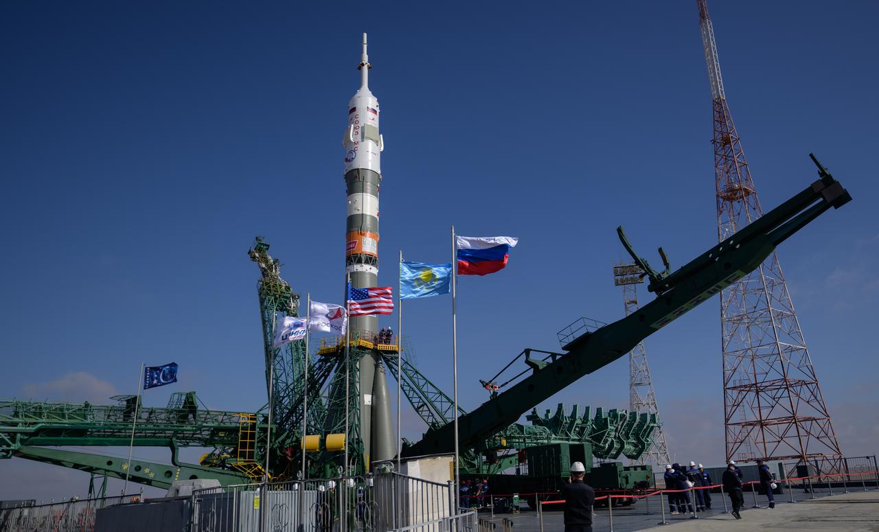 The Soyuz rocket is seen after being rolled out by train to the launch pad at Site 31, Tuesday, Sept. 12, 2023, at the Baikonur Cosmodrome in Kazakhstan. Expedition 70 NASA astronaut Loral O'Hara, Roscosmos cosmonauts Oleg Kononenko, and Nikolai Chub are scheduled to launch aboard their Soyuz MS-24 spacecraft on Sept. 15. Photo Credit: (NASA/Bill Ingalls)