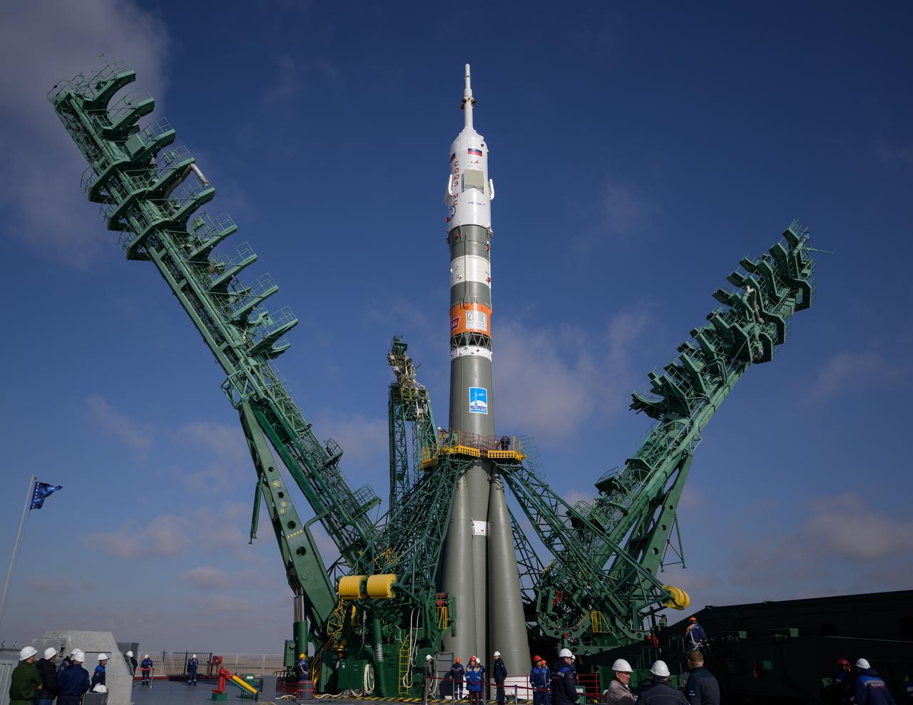The Soyuz rocket is seen after being rolled out by train to the launch pad at Site 31, Tuesday, Sept. 12, 2023, at the Baikonur Cosmodrome in Kazakhstan. Expedition 70 NASA astronaut Loral O'Hara, Roscosmos cosmonauts Oleg Kononenko, and Nikolai Chub are scheduled to launch aboard their Soyuz MS-24 spacecraft on Sept. 15. Photo Credit: (NASA/Bill Ingalls)