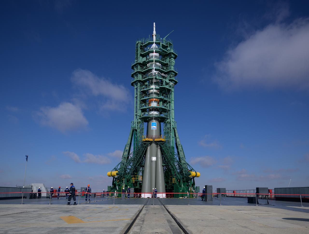The Soyuz rocket is seen after being rolled out by train to the launch pad at Site 31, Tuesday, Sept. 12, 2023, at the Baikonur Cosmodrome in Kazakhstan. Expedition 70 NASA astronaut Loral O'Hara, Roscosmos cosmonauts Oleg Kononenko, and Nikolai Chub are scheduled to launch aboard their Soyuz MS-24 spacecraft on Sept. 15. Photo Credit: (NASA/Bill Ingalls)