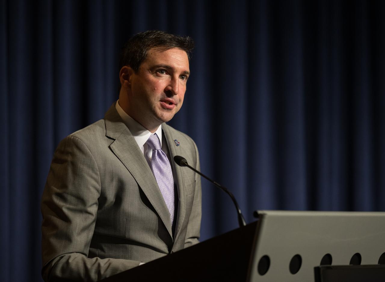 NASA Assistant Deputy Associate Administrator for Research, Science Mission Directorate, Daniel Evans, provides remarks during a media briefing to discuss the findings from an unidentified anomalous phenomena (UAP) independent study team, Thursday, Sept. 14, 2023, at the Mary W. Jackson NASA Headquarters building in Washington. The UAP independent study team, commissioned in 2022, is a counsel of 16 community experts across diverse areas on matters relevant to potential methods of study for unidentified anomalous phenomena. NASA published the team’s full report online, which aims to inform about what possible data could be collected in the future to shed light on the nature and origin of UAP. Photo Credit: (NASA/Aubrey Gemignani)