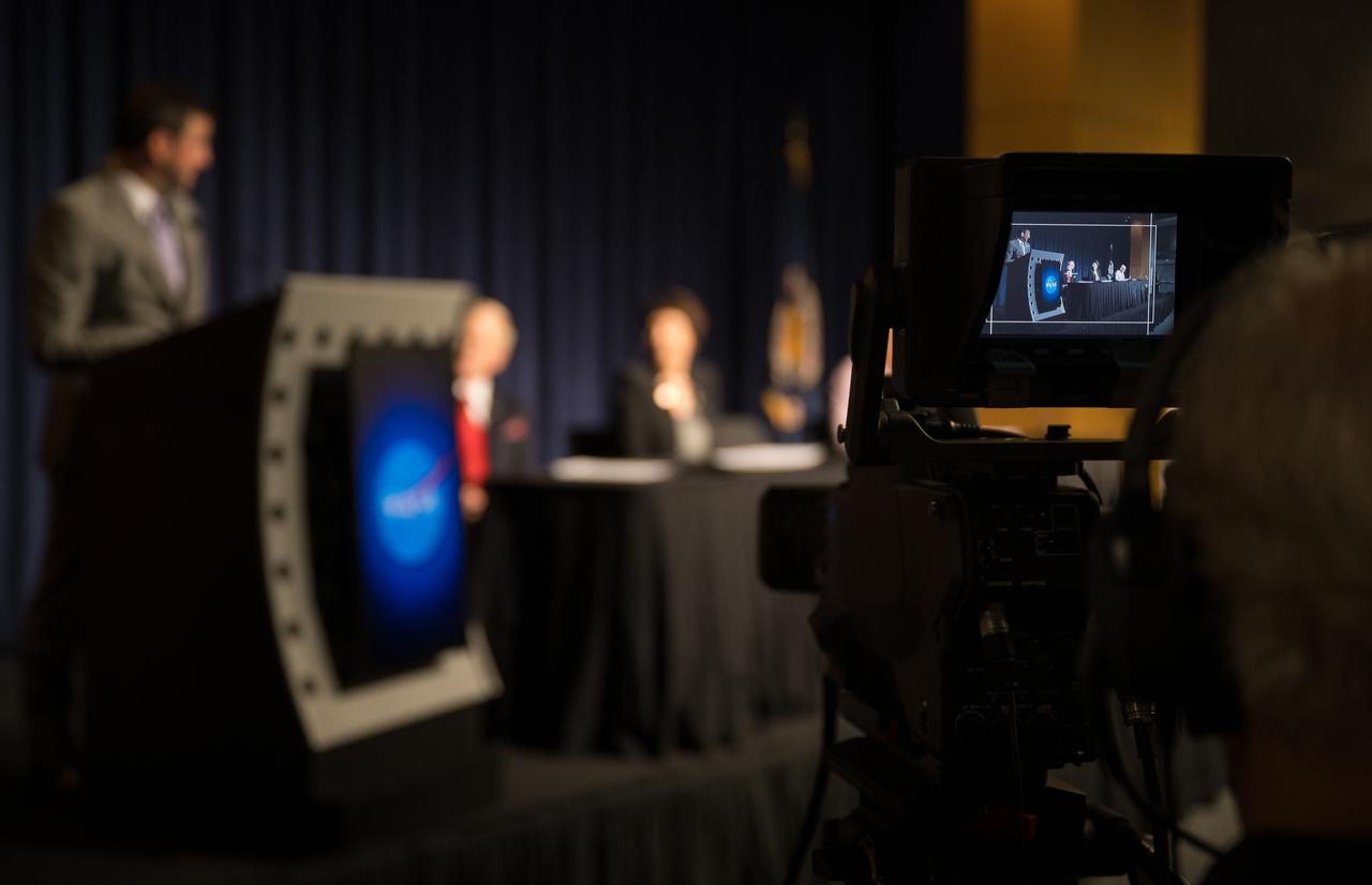 Panelists, from left to right, NASA Assistant Deputy Associate Administrator for Research, Science Mission Directorate, Daniel Evans; NASA Administrator Bill Nelson; NASA Associate Administrator for the Science Mission Directorate, Nicola Fox; and President of the Simons Foundation and Chair of NASA's UAP Independent Study Team, David Spergel, are seen in a video camera during a media briefing to discuss the findings from an unidentified anomalous phenomena (UAP) independent study team, Thursday, Sept. 14, 2023, at the Mary W. Jackson NASA Headquarters building in Washington. The UAP independent study team, commissioned in 2022, is a counsel of 16 community experts across diverse areas on matters relevant to potential methods of study for unidentified anomalous phenomena. NASA published the team’s full report online, which aims to inform about what possible data could be collected in the future to shed light on the nature and origin of UAP. Photo Credit: (NASA/Aubrey Gemignani)