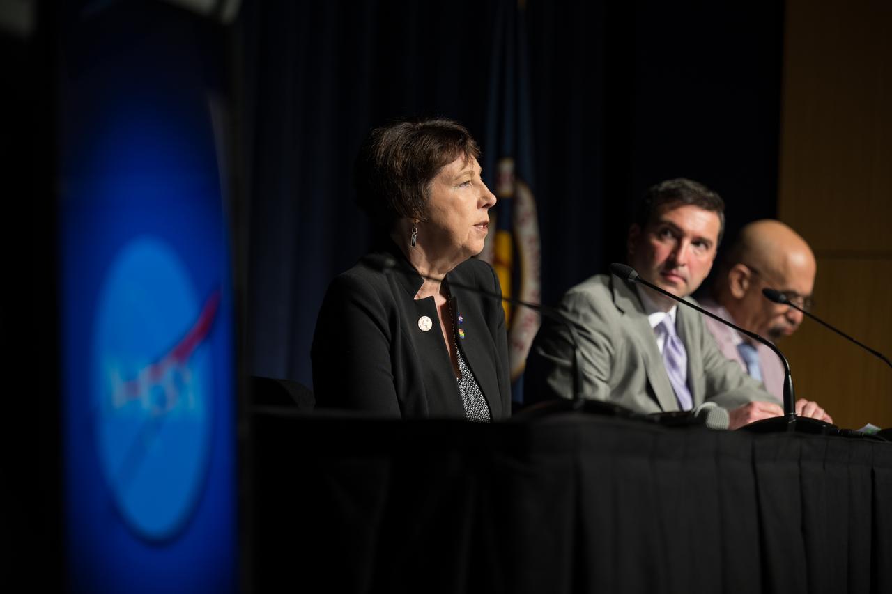 Nicola Fox, associate administrator for NASA's Science Mission Directorate, answers a question during a media briefing to discuss the findings from an unidentified anomalous phenomena (UAP) independent study team, Thursday, Sept. 14, 2023, at the Mary W. Jackson NASA Headquarters building in Washington. The UAP independent study team, commissioned in 2022, is a counsel of 16 community experts across diverse areas on matters relevant to potential methods of study for unidentified anomalous phenomena. NASA published the team’s full report online, which aims to inform about what possible data could be collected in the future to shed light on the nature and origin of UAP. Photo Credit: (NASA/Aubrey Gemignani)