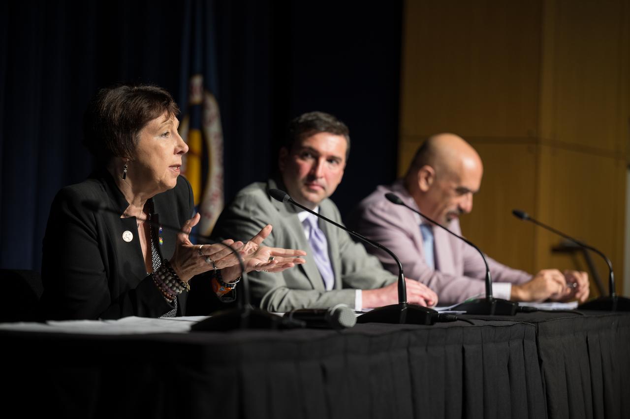 Nicola Fox, associate administrator for NASA's Science Mission Directorate, answers a question during a media briefing to discuss the findings from an unidentified anomalous phenomena (UAP) independent study team, Thursday, Sept. 14, 2023, at the Mary W. Jackson NASA Headquarters building in Washington. The UAP independent study team, commissioned in 2022, is a counsel of 16 community experts across diverse areas on matters relevant to potential methods of study for unidentified anomalous phenomena. NASA published the team’s full report online, which aims to inform about what possible data could be collected in the future to shed light on the nature and origin of UAP. Photo Credit: (NASA/Aubrey Gemignani)