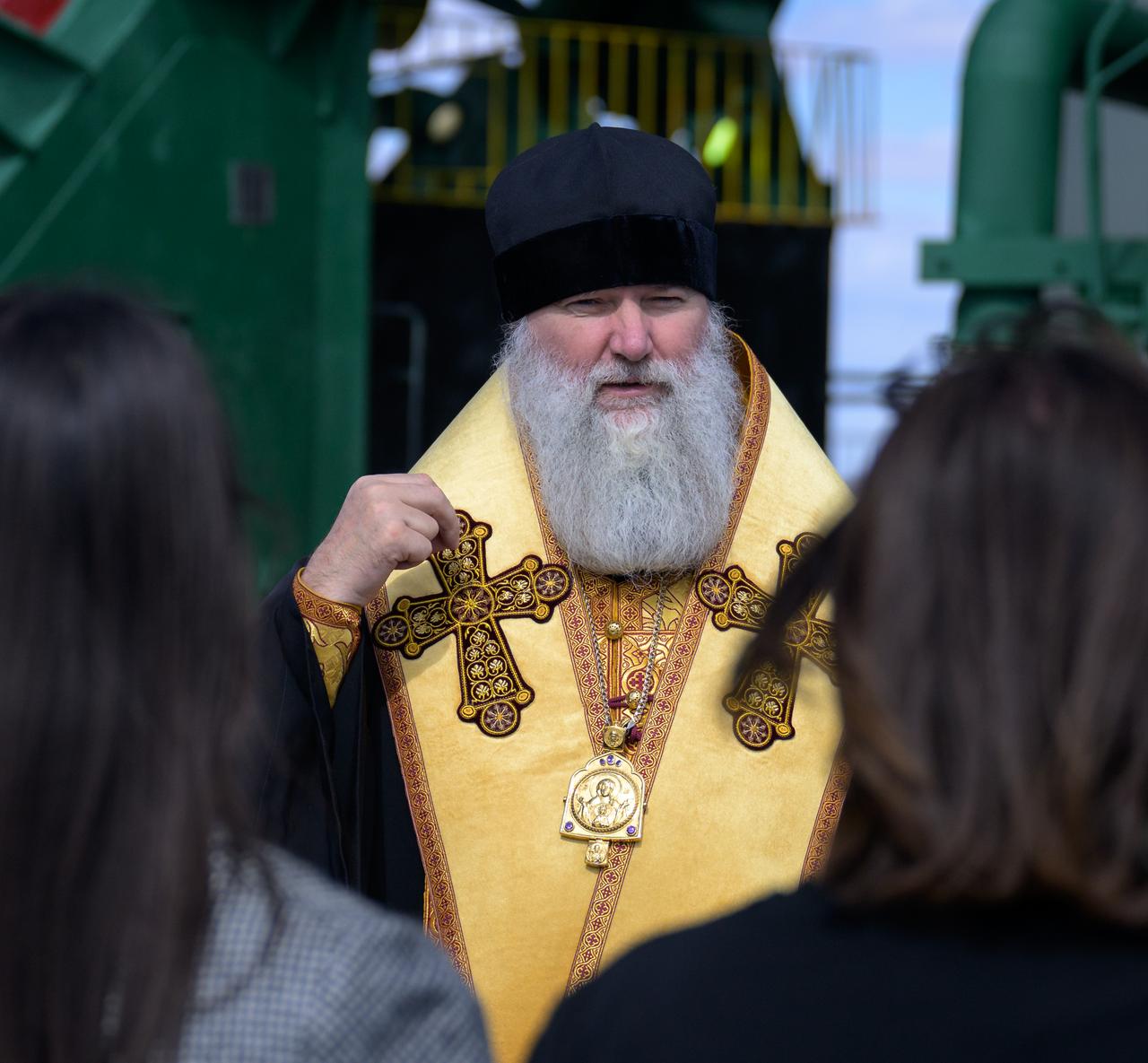 A Russian Orthodox Priest blesses the Soyuz Rocket and personnel, Thursday, Sept. 14, 2023 at the Baikonur Cosmodrome launch pad 31 in Kazakhstan. Expedition 70 NASA astronaut Loral O'Hara, Roscosmos cosmonauts Oleg Kononenko, and Nikolai Chub are scheduled to launch aboard their Soyuz MS-24 spacecraft on Sept. 15. Photo Credit: (NASA/Bill Ingalls)