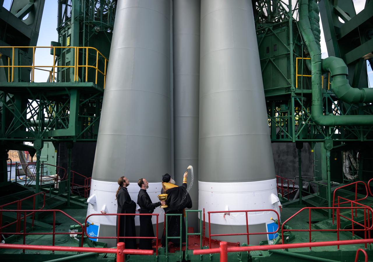 A Russian Orthodox Priest blesses the Soyuz Rocket and personnel, Thursday, Sept. 14, 2023 at the Baikonur Cosmodrome launch pad 31 in Kazakhstan. Expedition 70 NASA astronaut Loral O'Hara, Roscosmos cosmonauts Oleg Kononenko, and Nikolai Chub are scheduled to launch aboard their Soyuz MS-24 spacecraft on Sept. 15. Photo Credit: (NASA/Bill Ingalls)