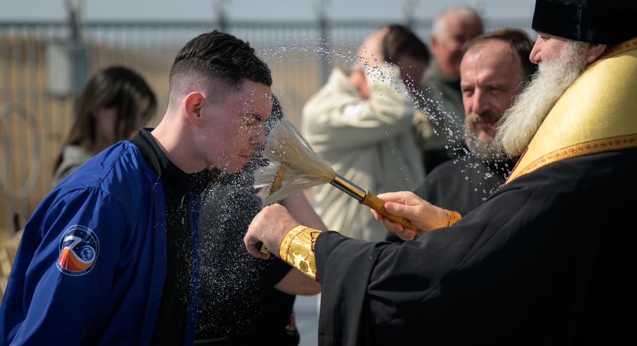 A Russian Orthodox Priest blesses the Soyuz Rocket and personnel, Thursday, Sept. 14, 2023 at the Baikonur Cosmodrome launch pad 31 in Kazakhstan. Expedition 70 NASA astronaut Loral O'Hara, Roscosmos cosmonauts Oleg Kononenko, and Nikolai Chub are scheduled to launch aboard their Soyuz MS-24 spacecraft on Sept. 15. Photo Credit: (NASA/Bill Ingalls)