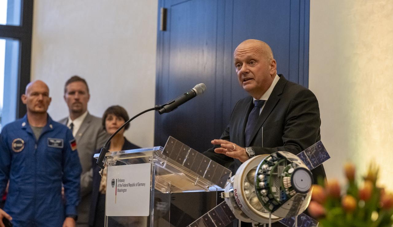 German Ambassador to the United States Andreas Michaelis delivers remarks during an Artemis Accords signing ceremony, Thursday, September 14, 2023, at the German Ambassador’s Residence in Washington. Germany is the 29th country to sign the Artemis Accords, which establish a practical set of principles to guide space exploration cooperation among nations participating in NASA’s Artemis program. Photo Credit: (NASA/Keegan Barber)