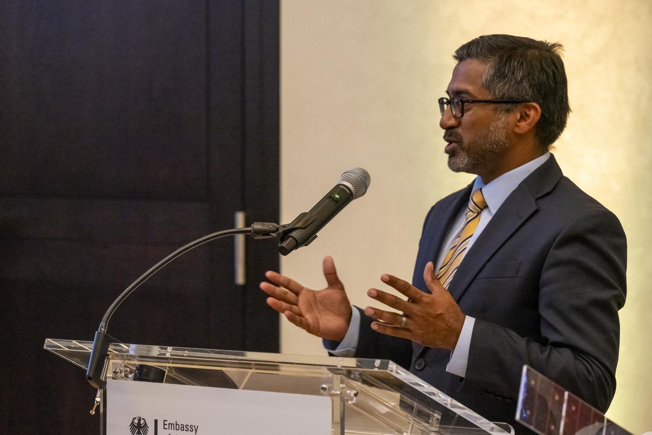National Space Council (NSpC) Executive Secretary Chirag Parikh delivers remarks during an Artemis Accords signing ceremony, Thursday, September 14, 2023, at the German Ambassador’s Residence in Washington. Germany is the 29th country to sign the Artemis Accords, which establish a practical set of principles to guide space exploration cooperation among nations participating in NASA’s Artemis program. Photo Credit: (NASA/Keegan Barber)