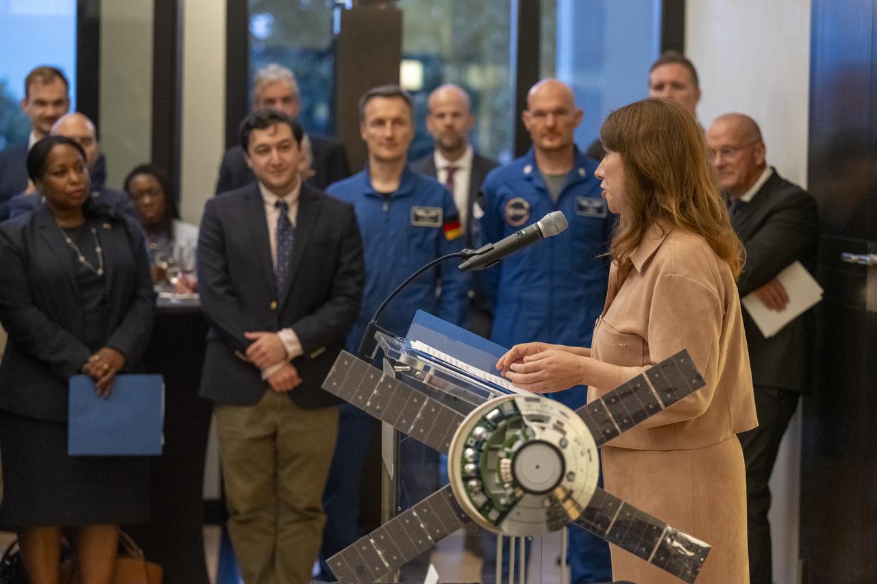 Federal Government Coordinator of German Aerospace Policy Anna Christmann delivers remarks during an Artemis Accords signing ceremony, Thursday, September 14, 2023, at the German Ambassador’s Residence in Washington. Germany is the 29th country to sign the Artemis Accords, which establish a practical set of principles to guide space exploration cooperation among nations participating in NASA’s Artemis program. Photo Credit: (NASA/Keegan Barber)