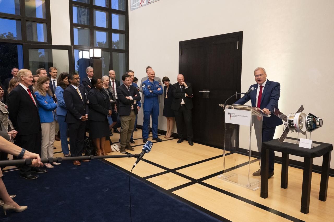 Director General of the German Space Agency at the German Aerospace Center (DLR) Walther Pelzer delivers remarks during an Artemis Accords signing ceremony, Thursday, September 14, 2023, at the German Ambassador’s Residence in Washington. Germany is the 29th country to sign the Artemis Accords, which establish a practical set of principles to guide space exploration cooperation among nations participating in NASA’s Artemis program. Photo Credit: (NASA/Keegan Barber)