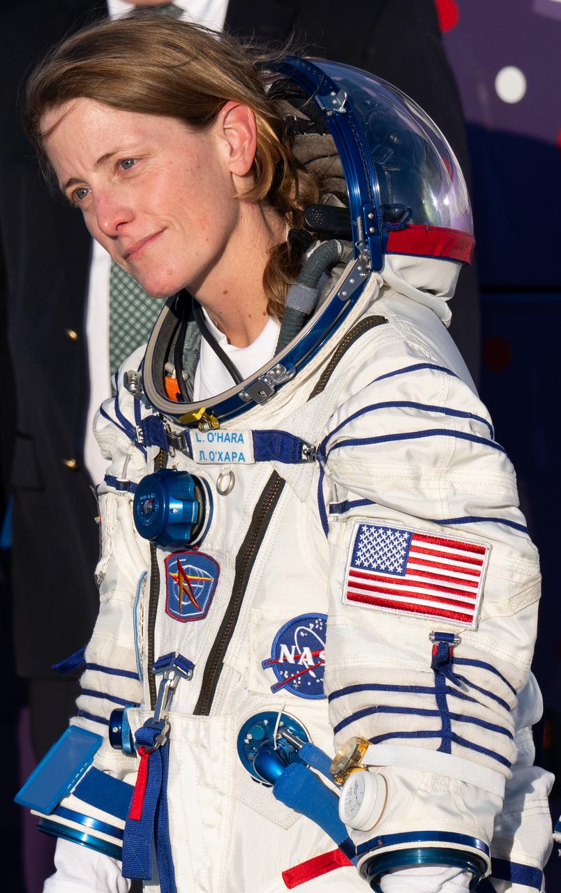 Expedition 70 crew member NASA astronaut Loral O’Hara is seen prior to boarding the Soyuz MS-24 spacecraft for launch with fellow crewmates Roscosmos cosmonauts Oleg Kononenko and Nikolai Chub, Friday, Sept. 15, 2023 at the Baikonur Cosmodrome in Kazakhstan. Launch of the Soyuz rocket will send the trio on a mission to the International Space Station. Photo Credit: (NASA/Bill Ingalls)