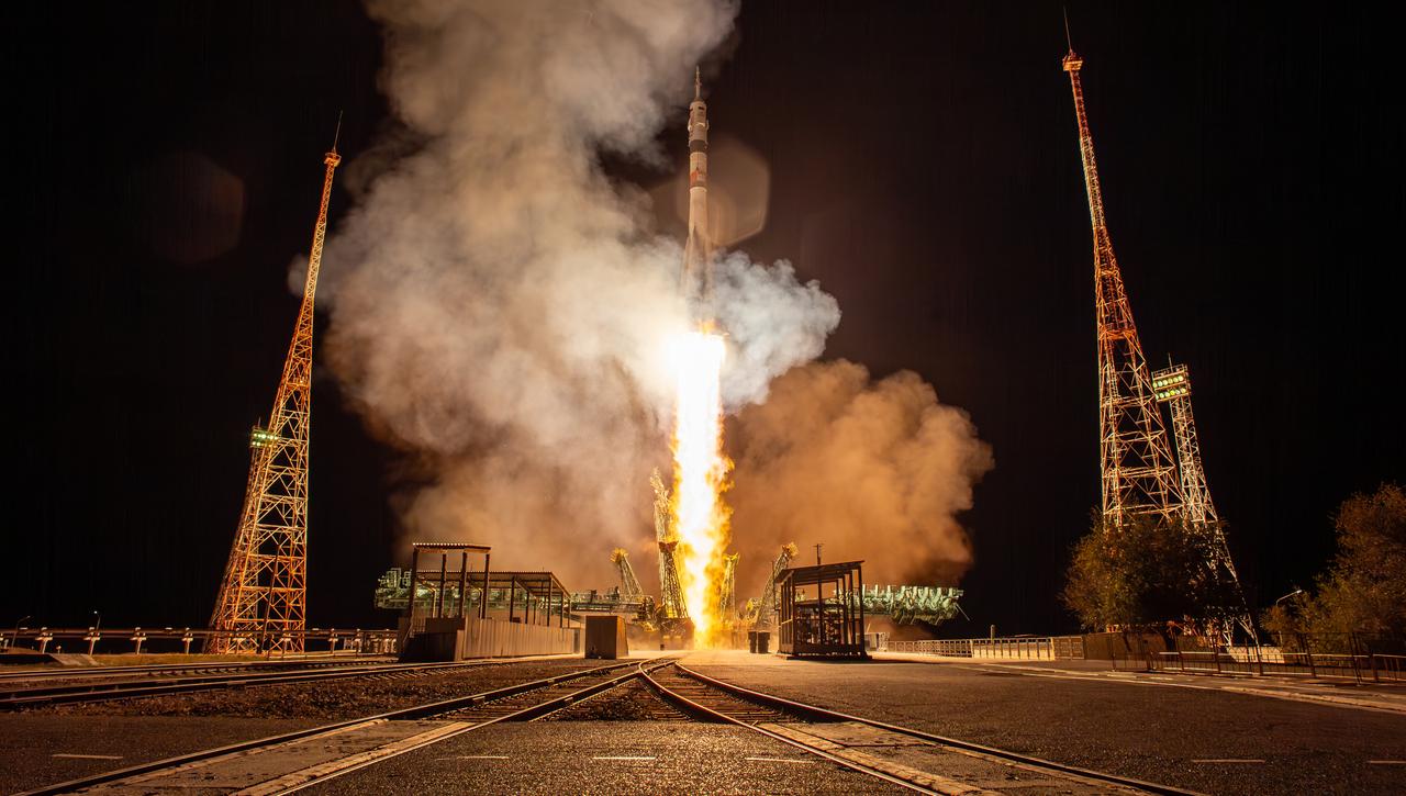 The Soyuz rocket is launched with Expedition 70 NASA astronaut Loral O'Hara, and Roscosmos cosmonauts Oleg Kononenko and Nikolai Chub, Friday, Sept. 15, 2023, at the Baikonur Cosmodrome in Kazakhstan. Photo Credit: (NASA/Bill Ingalls)