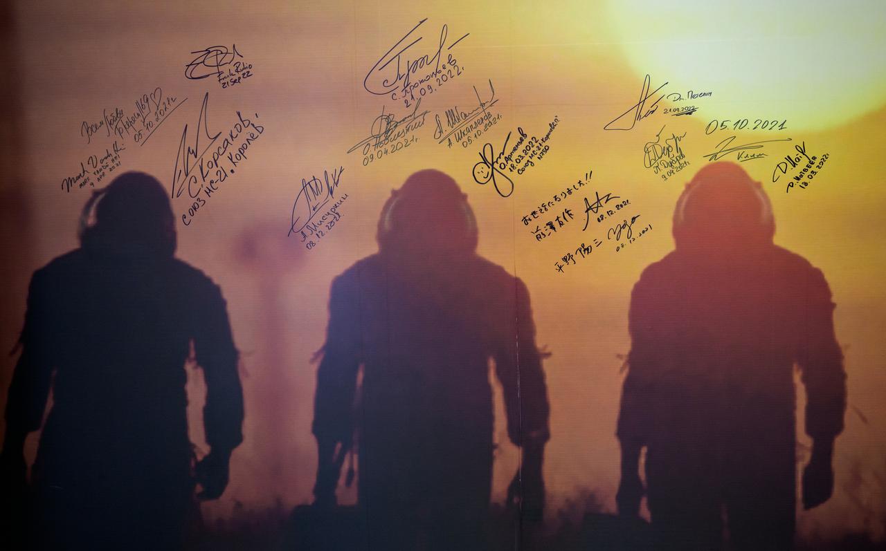 A mural in the Cosmonaut Hotel is seen with past crew signatures ahead of the Expedition 70 signing and departing the hotel for launch on a Soyuz rocket, Friday, Sept. 15, 2023, in Baikonur, Kazakhstan. The launch will send Expedition 70 NASA astronaut Loral O'Hara and Roscosmos cosmonauts Oleg Kononenko and Nikolai Chub on a mission to the International Space Station. Photo Credit: (NASA/Bill Ingalls)