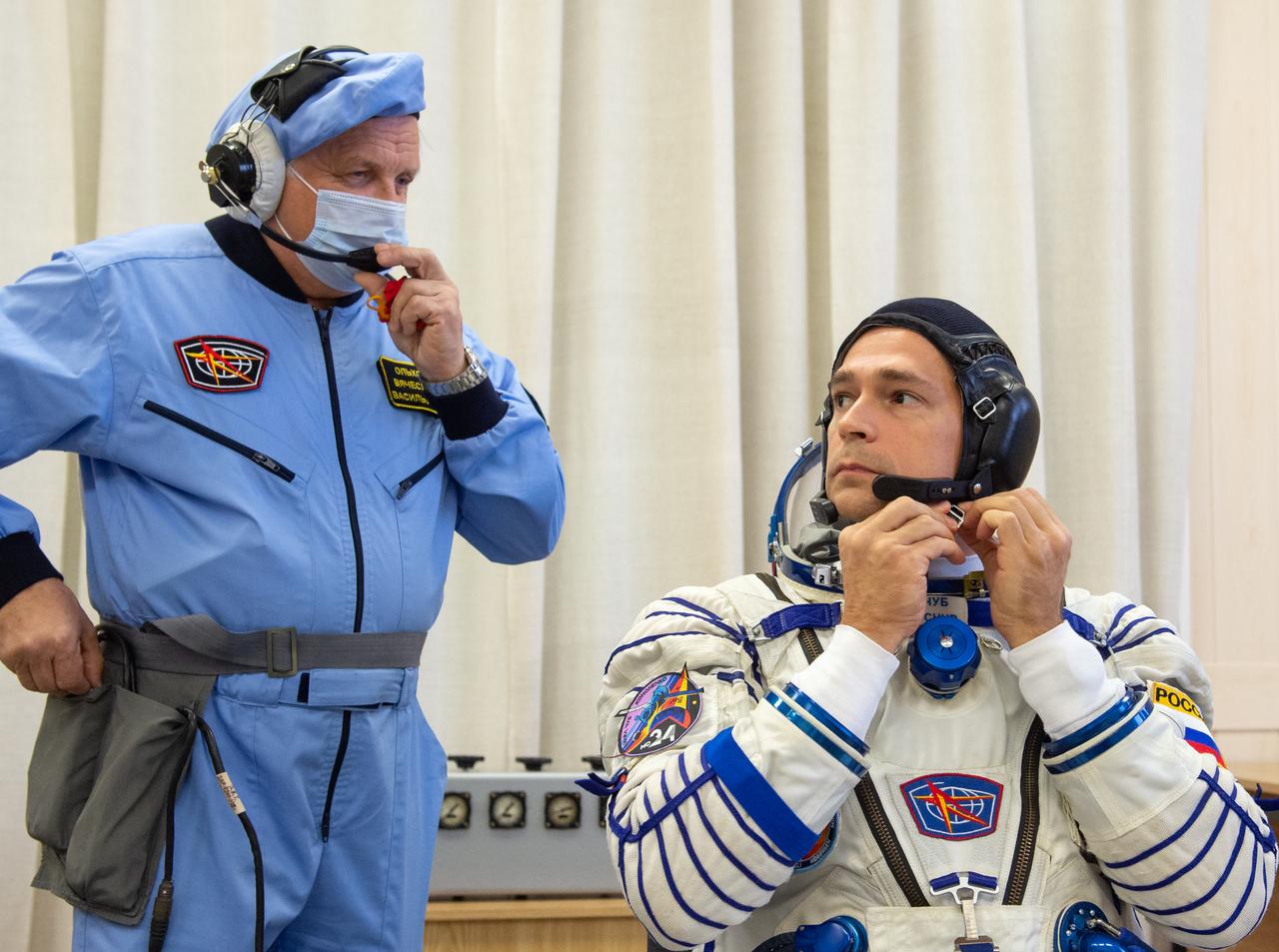 Expedition 70 Roscosmos cosmonaut Nikolai Chub dons his Russian Sokol suit as he and fellow crewmates NASA astronaut Loral O'Hara and Roscosmos cosmonaut Oleg Kononenko prepare for their Soyuz launch to the International Space Station, Friday, Sept. 15, 2023 in Baikonur, Kazakhstan. The launch will send Expedition 70 NASA astronaut Loral O'Hara and Roscosmos cosmonauts Oleg Kononenko and Nikolai Chub on a mission to the International Space Station. Photo Credit: (NASA/GCTC/Andrey Shelepin)