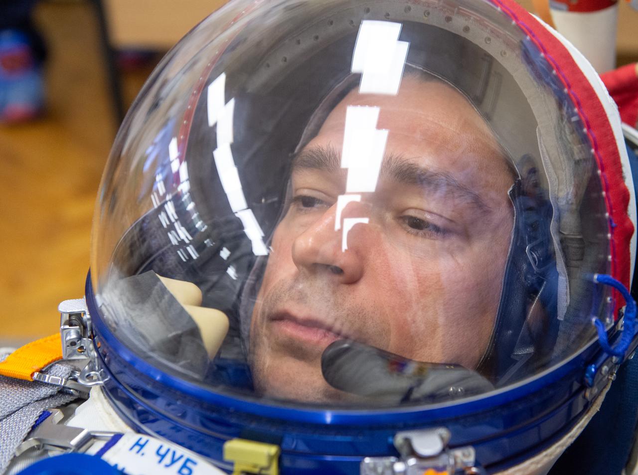 Expedition 70 Roscosmos cosmonaut Nikolai Chub has his Russian Sokol suit pressure checked as he and fellow crewmates NASA astronaut Loral O'Hara and Roscosmos cosmonaut Oleg Kononenko prepare for their Soyuz launch to the International Space Station, Friday, Sept. 15, 2023 in Baikonur, Kazakhstan. The launch will send Expedition 70 NASA astronaut Loral O'Hara and Roscosmos cosmonauts Oleg Kononenko and Nikolai Chub on a mission to the International Space Station. Photo Credit: (NASA/GCTC/Andrey Shelepin)
