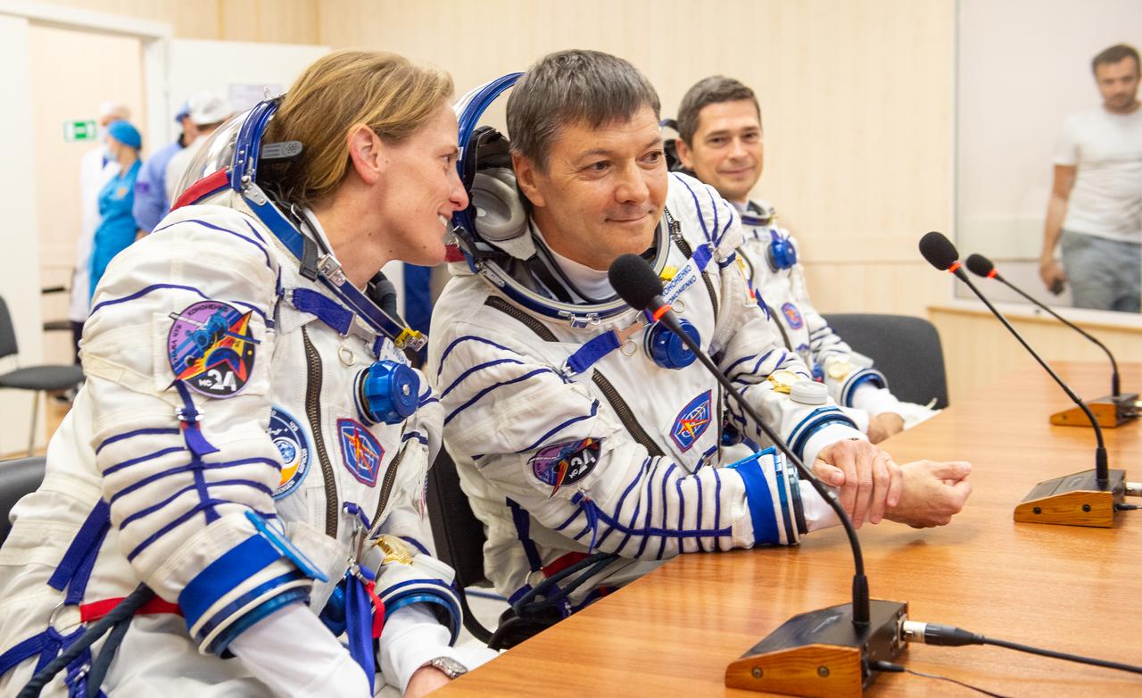 Expedition 70 Roscosmos cosmonauts Nikolai Chub, right, and Oleg Kononenko, center, along with NASA astronaut Loral O'Hara, visit with families shortly before departing for their Soyuz launch to the International Space Station, Friday, Sept. 15, 2023 in Baikonur, Kazakhstan. The launch will send Expedition 70 NASA astronaut Loral O'Hara and Roscosmos cosmonauts Oleg Kononenko and Nikolai Chub on a mission to the International Space Station. Photo Credit: (NASA/GCTC/Andrey Shelepin)