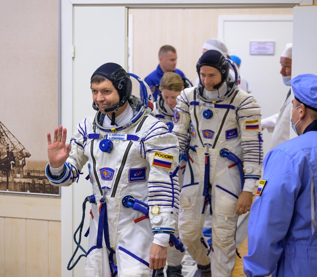 Expedition 70 Roscosmos cosmonauts Oleg Kononenko, foreground, and Nikolai Chub, center, and NASA astronaut Loral O'Hara, prepare to have their Russian Sokol Suits pressure checked ahead of their Soyuz launch to the International Space Station Friday, Sept. 15, 2023 in Baikonur, Kazakhstan. The launch will send Expedition 70 NASA astronaut Loral O'Hara and Roscosmos cosmonauts Oleg Kononenko and Nikolai Chub on a mission to the International Space Station. Photo Credit: (NASA/Bill Ingalls)