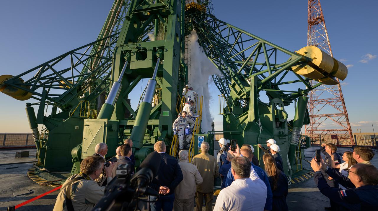 Expedition 70 crew members Oleg Kononenko and Nikolai Chub of Roscosmos and NASA astronaut Loral O'Hara board the Soyuz MS-24 spacecraft for launch, Friday, Sept. 15, 2023 at the Baikonur Cosmodrome in Kazakhstan. Launch of the Soyuz rocket will send the trio on a mission to the International Space Station. Photo Credit: (NASA/Bill Ingalls)