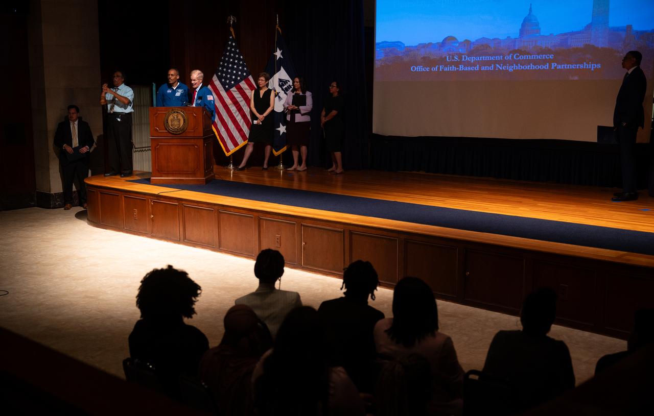 NASA Administrator Bill Nelson delivers remarks alongside NASA astronaut Alvin Drew at the 2023 National Youth Summit hosted by the U.S. Department of Commerce’s Office of Faith-Based and Neighborhood Partnerships, Thursday, Sept. 21, 2023, at the U.S. Department of Commerce in Washington.  Photo Credit: (NASA/Joel Kowsky)