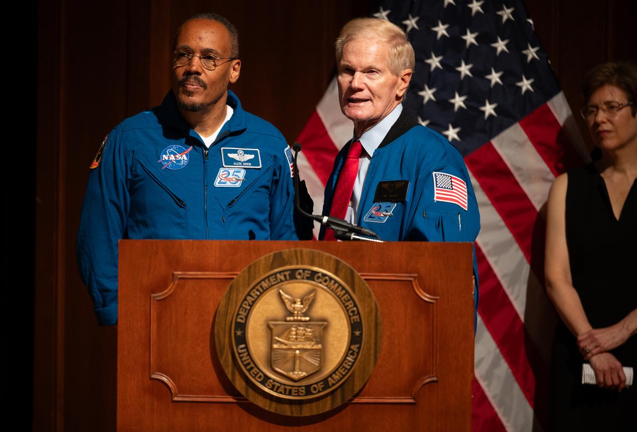 NASA Administrator Bill Nelson, right, delivers remarks alongside NASA astronaut Alvin Drew at the 2023 National Youth Summit hosted by the U.S. Department of Commerce’s Office of Faith-Based and Neighborhood Partnerships, Thursday, Sept. 21, 2023, at the U.S. Department of Commerce in Washington.  Photo Credit: (NASA/Joel Kowsky)