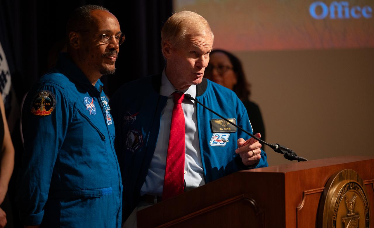 NASA Administrator Bill Nelson, right, delivers remarks alongside NASA astronaut Alvin Drew at the 2023 National Youth Summit hosted by the U.S. Department of Commerce’s Office of Faith-Based and Neighborhood Partnerships, Thursday, Sept. 21, 2023, at the U.S. Department of Commerce in Washington.  Photo Credit: (NASA/Joel Kowsky)