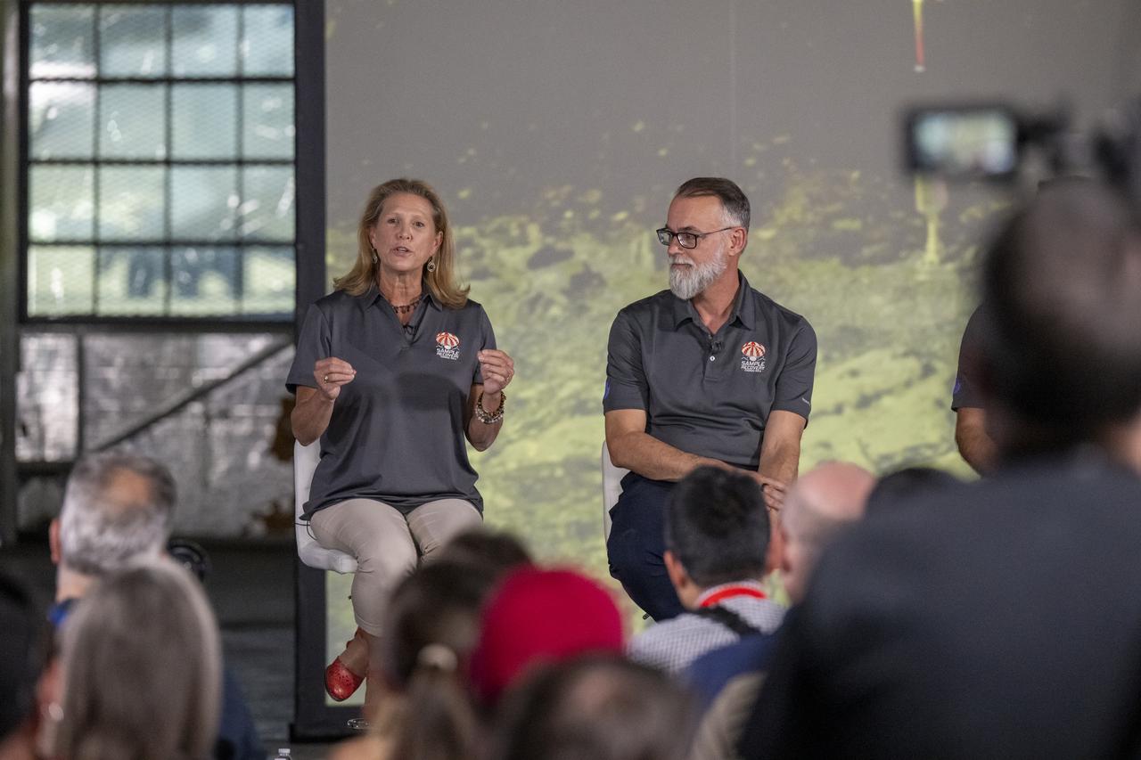 NASA Planetary Science Division Director Lori Glaze, left, answers questions from reporters during an OSIRIS-REx sample return press conference, Sunday, Sept. 24, 2023, shortly after the capsule landed at the Department of Defense's Utah Test and Training Range. The sample was collected from the asteroid Bennu in October 2020 by NASA’s OSIRIS-REx spacecraft. Photo Credit: (NASA/Keegan Barber)