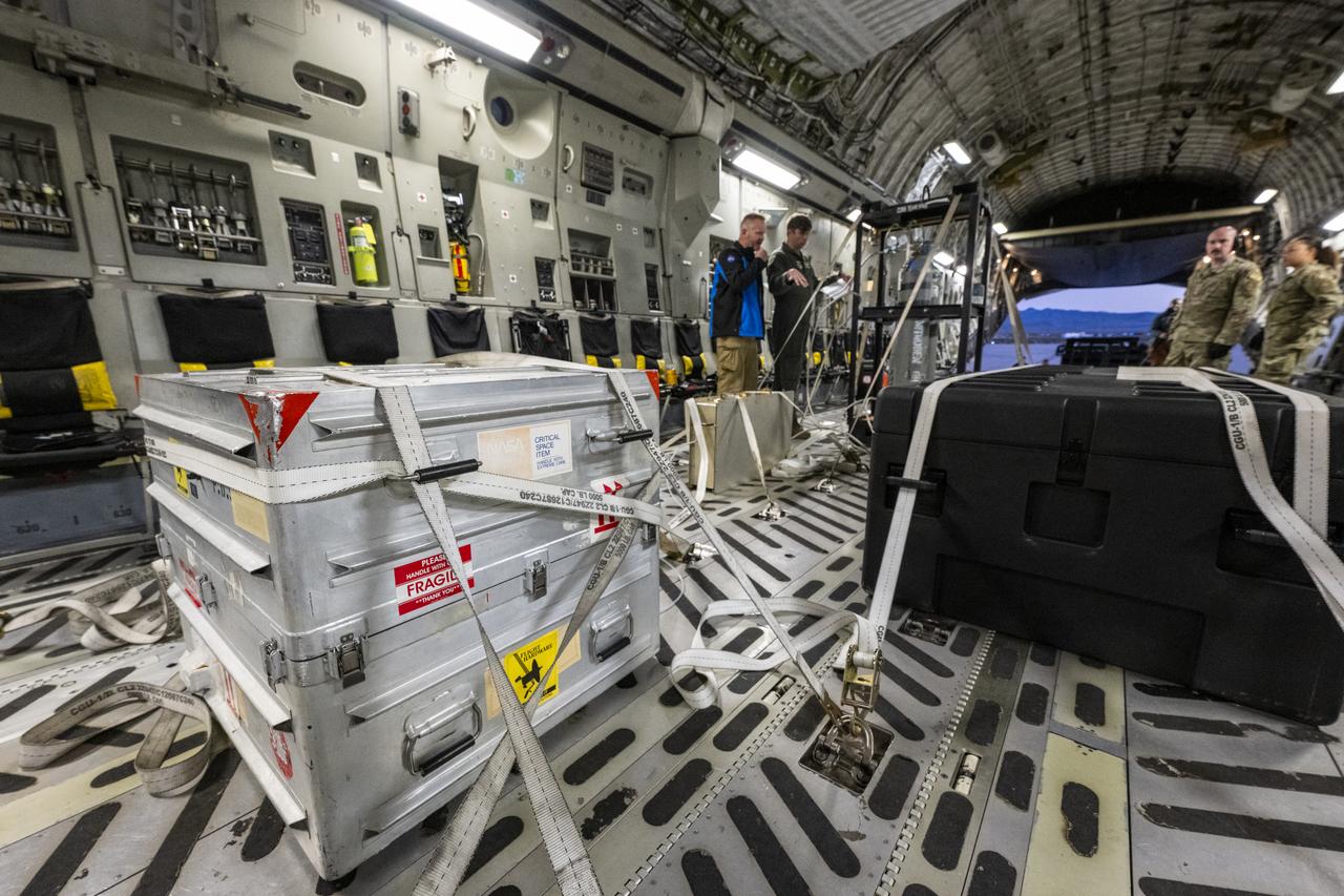 A container with the science canister from NASA’s OSIRIS-REx mission is seen aboard a C-17 Globemaster aircraft, Monday, Sept. 25, 2023, at the Department of Defense's Utah Test and Training Range. The sample was collected from the asteroid Bennu in October 2020 by NASA’s OSIRIS-REx spacecraft. Photo Credit: (NASA/Keegan Barber)