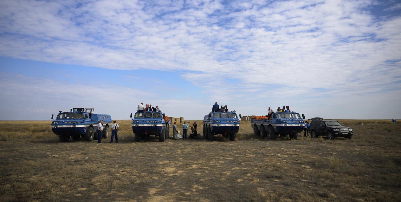 The Russian Search and Recovery Forces All Terrain Vehicle (ATV) team have lunch and prepare for the landing of Expedition 69 NASA astronaut Frank Rubio, Roscosmos cosmonauts Dmitri Petelin and Sergey Prokopyev, Wednesday, Sept. 27, 2023, outside of Zhezkazgan, Kazakhstan. The trio are returning to Earth after logging 371 days in space as members of Expeditions 68-69 aboard the International Space Station. For Rubio, his mission is the longest single spaceflight by a U.S. astronaut in history. Photo Credit: (NASA/Bill Ingalls)