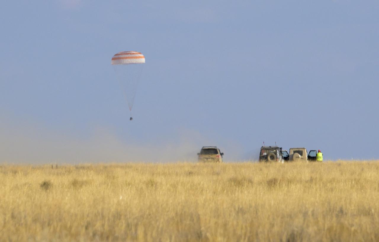 The Soyuz MS-23 spacecraft is seen as it lands in a remote area near the town of Zhezkazgan, Kazakhstan with Expedition 69 NASA astronaut Frank Rubio, Roscosmos cosmonauts Dmitri Petelin and Sergey Prokopyev, Wednesday, Sept. 27, 2023. The trio are returning to Earth after logging 371 days in space as members of Expeditions 68-69 aboard the International Space Station. For Rubio, his mission is the longest single spaceflight by a U.S. astronaut in history. Photo Credit (NASA/Bill Ingalls)