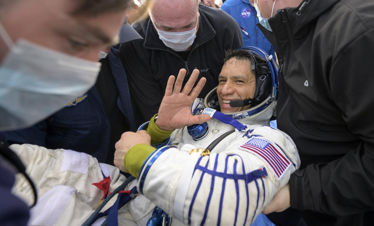 Expedition 69 NASA astronaut Frank Rubio is helped out of the Soyuz MS-23 spacecraft just minutes after he Roscosmos cosmonauts Sergey Prokopyev and Dmitri Petelin, landed in a remote area near the town of Zhezkazgan, Kazakhstan on Wednesday, Sept. 27, 2023. The trio are returning to Earth after logging 371 days in space as members of Expeditions 68-69 aboard the International Space Station. For Rubio, his mission is the longest single spaceflight by a U.S. astronaut in history. Photo Credit: (NASA/Bill Ingalls)