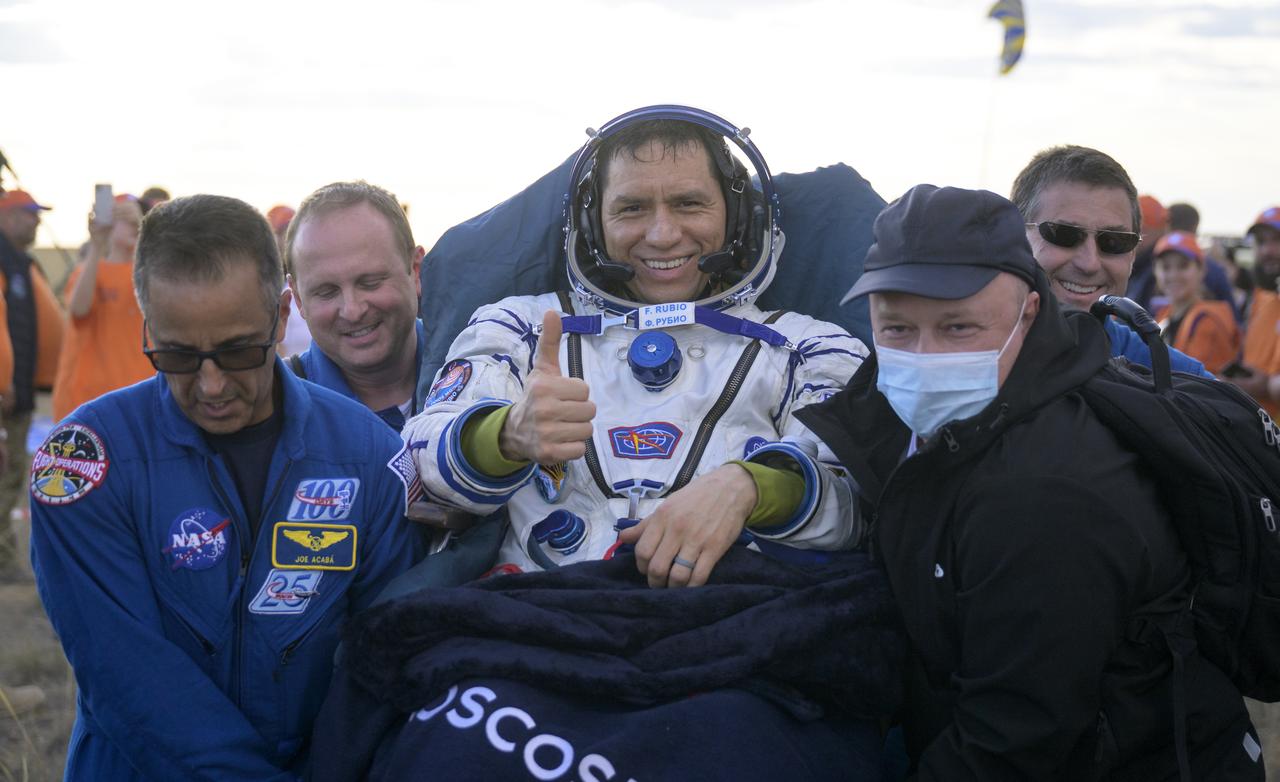 Expedition 69 NASA astronaut Frank Rubio is carried to a medical tent shortly after he, and Roscosmos cosmonauts Dmitri Petelin and Sergey Prokopyev landed in their Soyuz MS-23 spacecraft near the town of Zhezkazgan, Kazakhstan on Wednesday, Sept. 27, 2023. The trio are returning to Earth after logging 371 days in space as members of Expeditions 68-69 aboard the International Space Station. For Rubio, his mission is the longest single spaceflight by a U.S. astronaut in history. Photo Credit: (NASA/Bill Ingalls)