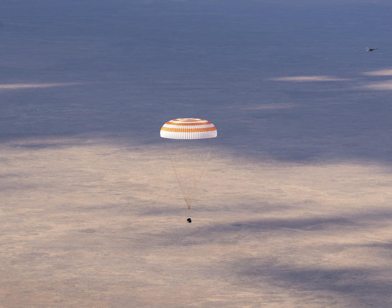 The Soyuz MS-23 spacecraft is seen as it lands in a remote area near the town of Zhezkazgan, Kazakhstan with Expedition 69 NASA astronaut Frank Rubio, Roscosmos cosmonauts Dmitri Petelin and Sergey Prokopyev, Wednesday, Sept. 27, 2023. The trio are returning to Earth after logging 371 days in space as members of Expeditions 68-69 aboard the International Space Station. For Rubio, his mission is the longest single spaceflight by a U.S. astronaut in history. Photo Credit (NASA/GCTC/Pavel Shvets)