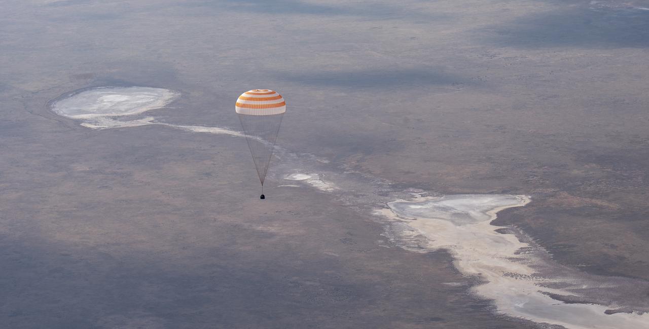 The Soyuz MS-23 spacecraft is seen as it lands in a remote area near the town of Zhezkazgan, Kazakhstan with Expedition 69 NASA astronaut Frank Rubio, Roscosmos cosmonauts Dmitri Petelin and Sergey Prokopyev, Wednesday, Sept. 27, 2023. The trio are returning to Earth after logging 371 days in space as members of Expeditions 68-69 aboard the International Space Station. For Rubio, his mission is the longest single spaceflight by a U.S. astronaut in history. Photo Credit (NASA/GCTC/Pavel Shvets)