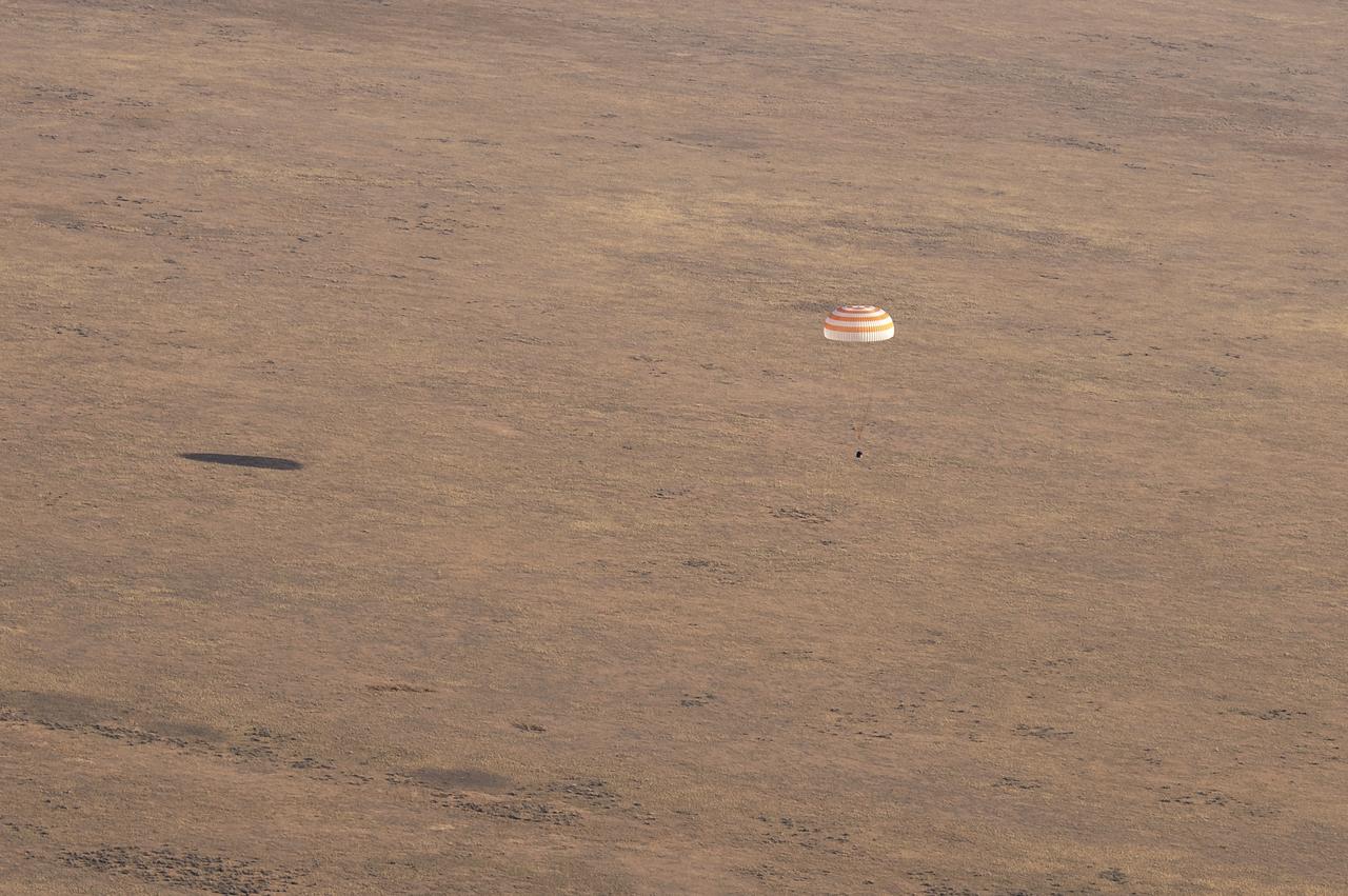 The Soyuz MS-23 spacecraft is seen as it lands in a remote area near the town of Zhezkazgan, Kazakhstan with Expedition 69 NASA astronaut Frank Rubio, Roscosmos cosmonauts Dmitri Petelin and Sergey Prokopyev, Wednesday, Sept. 27, 2023. The trio are returning to Earth after logging 371 days in space as members of Expeditions 68-69 aboard the International Space Station. For Rubio, his mission is the longest single spaceflight by a U.S. astronaut in history. Photo Credit (NASA/GCTC/Pavel Shvets)