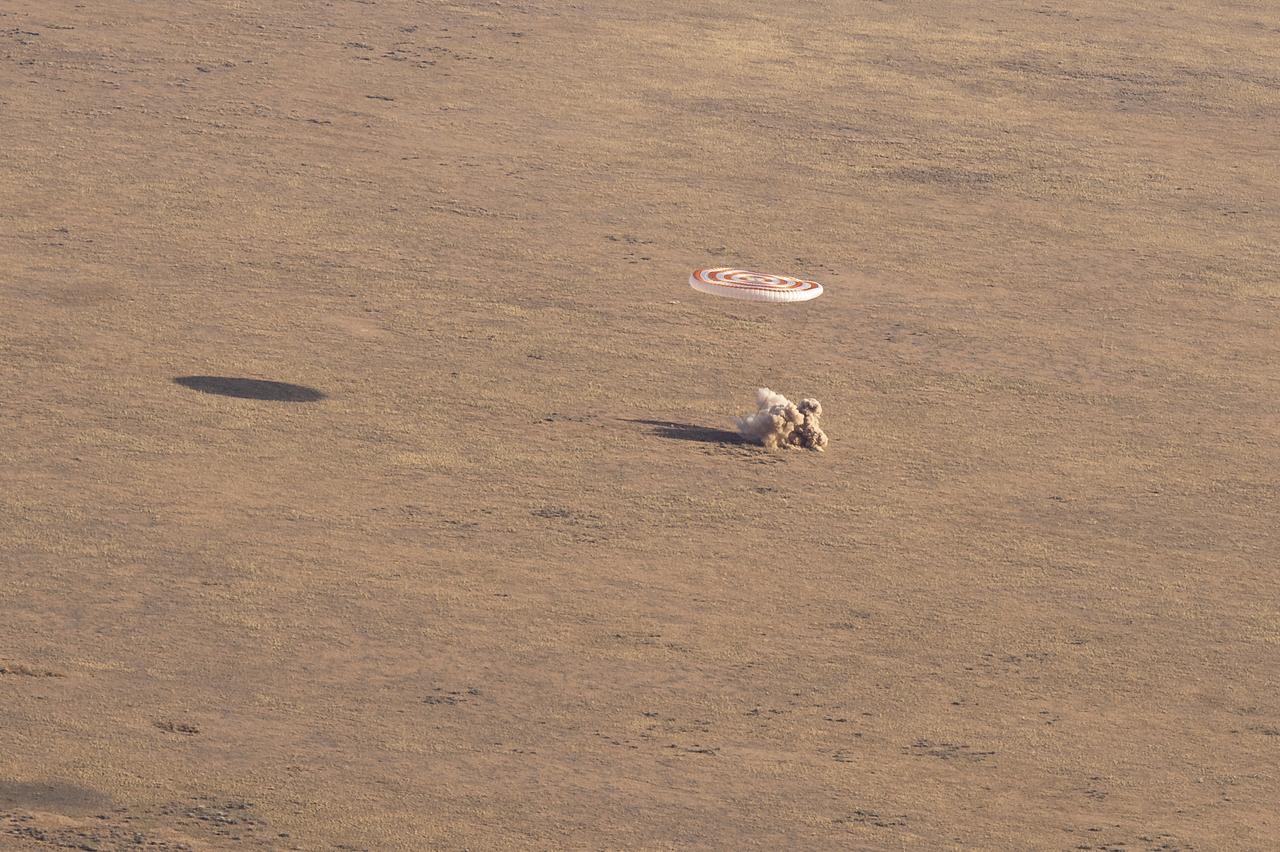 The Soyuz MS-23 spacecraft is seen as it lands in a remote area near the town of Zhezkazgan, Kazakhstan with Expedition 69 NASA astronaut Frank Rubio, Roscosmos cosmonauts Dmitri Petelin and Sergey Prokopyev, Wednesday, Sept. 27, 2023. The trio are returning to Earth after logging 371 days in space as members of Expeditions 68-69 aboard the International Space Station. For Rubio, his mission is the longest single spaceflight by a U.S. astronaut in history. Photo Credit (NASA/GCTC/Pavel Shvets)