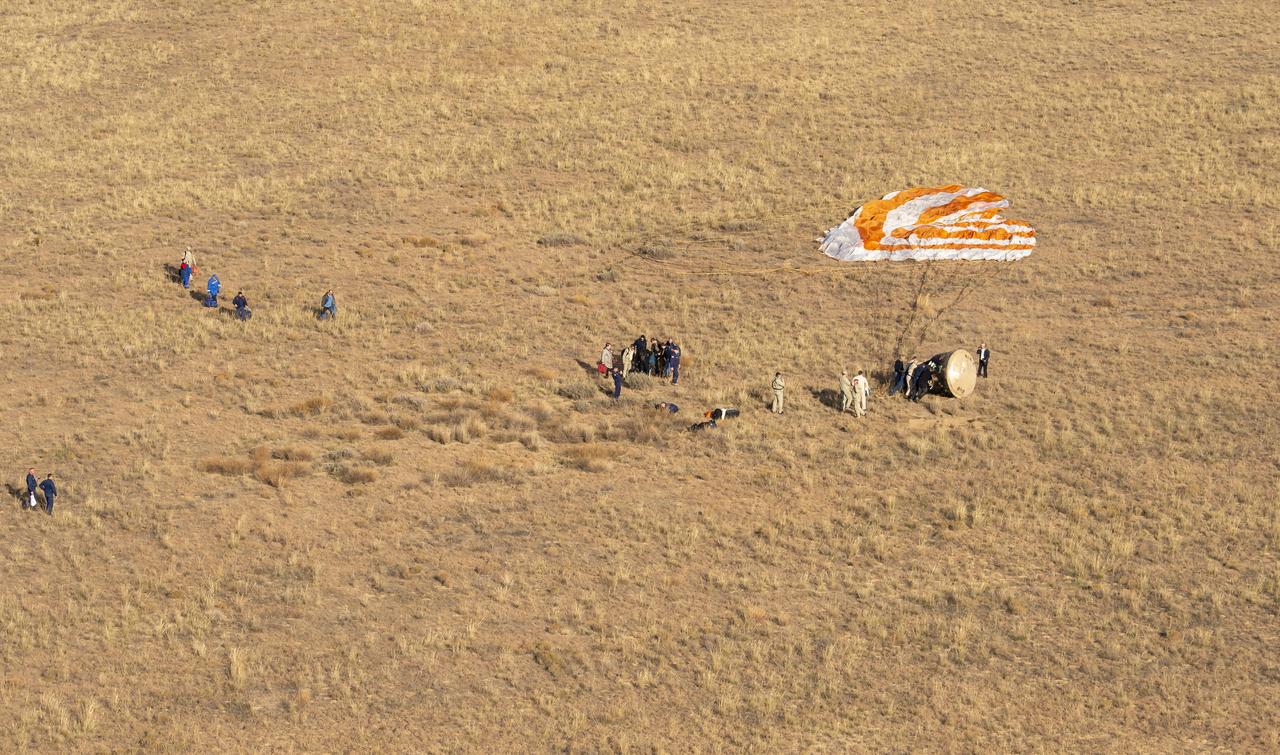 Russian Search and Rescue teams arrive at the Soyuz MS-23 spacecraft shortly after it landed in a remote area near the town of Zhezkazgan, Kazakhstan with Expedition 69 NASA astronaut Frank Rubio, Roscosmos cosmonauts Dmitri Petelin and Sergey Prokopyev, Wednesday, Sept. 27, 2023. The trio are returning to Earth after logging 371 days in space as members of Expeditions 68-69 aboard the International Space Station. For Rubio, his mission is the longest single spaceflight by a U.S. astronaut in history. Photo Credit: (NASA/GCTC/Pavel Shvets)