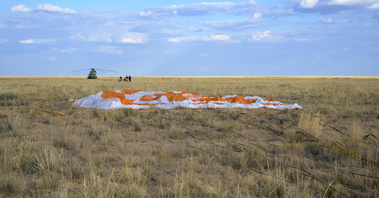 The parachute of the Soyuz MS-23 spacecraft is seen shortly the capsule landed in a remote area near the town of Zhezkazgan, Kazakhstan with Expedition 69 NASA astronaut Frank Rubio, Roscosmos cosmonauts Dmitri Petelin and Sergey Prokopyev, Wednesday, Sept. 27, 2023. The trio are returning to Earth after logging 371 days in space as members of Expeditions 68-69 aboard the International Space Station. For Rubio, his mission is the longest single spaceflight by a U.S. astronaut in history. Photo Credit: (NASA/Josef Schmid)