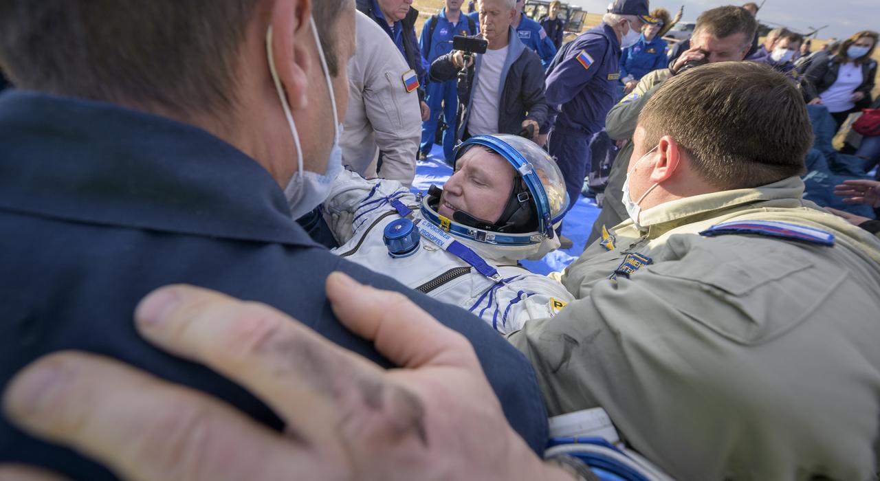 Expedition 69 Roscosmos cosmonaut Sergey Prokopyev is helped out of the Soyuz MS-23 spacecraft just minutes after he and Roscosmos cosmonaut Dmitri Petelin and NASA astronaut Frank Rubio, landed in a remote area near the town of Zhezkazgan, Kazakhstan on Wednesday, Sept. 27, 2023. The trio are returning to Earth after logging 371 days in space as members of Expeditions 68-69 aboard the International Space Station. For Rubio, his mission is the longest single spaceflight by a U.S. astronaut in history. Photo Credit: (NASA/Bill Ingalls)