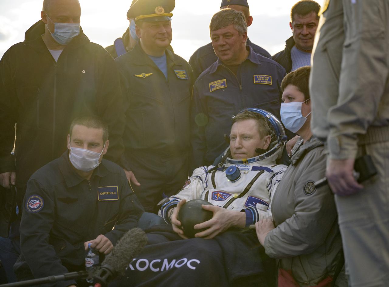 Expedition 69 Roscosmos cosmonaut Sergey Prokopyev is seen outside the Soyuz MS-23 spacecraft after he landed with Roscosmos cosmonaut Dmitri Petelin and NASA astronaut Frank Rubio, in a remote area near the town of Zhezkazgan, Kazakhstan on Wednesday, Sept. 27, 2023. The trio are returning to Earth after logging 371 days in space as members of Expeditions 68-69 aboard the International Space Station. For Rubio, his mission is the longest single spaceflight by a U.S. astronaut in history. Photo Credit: (NASA/Bill Ingalls)