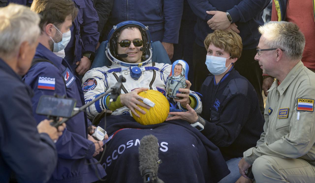 Expedition 69 Roscosmos cosmonaut Dmitri Petelin is seen outside the Soyuz MS-23 spacecraft after he landed with Roscosmos cosmonaut Sergey Prokopyev and NASA astronaut Frank Rubio, in a remote area near the town of Zhezkazgan, Kazakhstan on Wednesday, Sept. 27, 2023. The trio are returning to Earth after logging 371 days in space as members of Expeditions 68-69 aboard the International Space Station. For Rubio, his mission is the longest single spaceflight by a U.S. astronaut in history. Photo Credit: (NASA/Bill Ingalls)