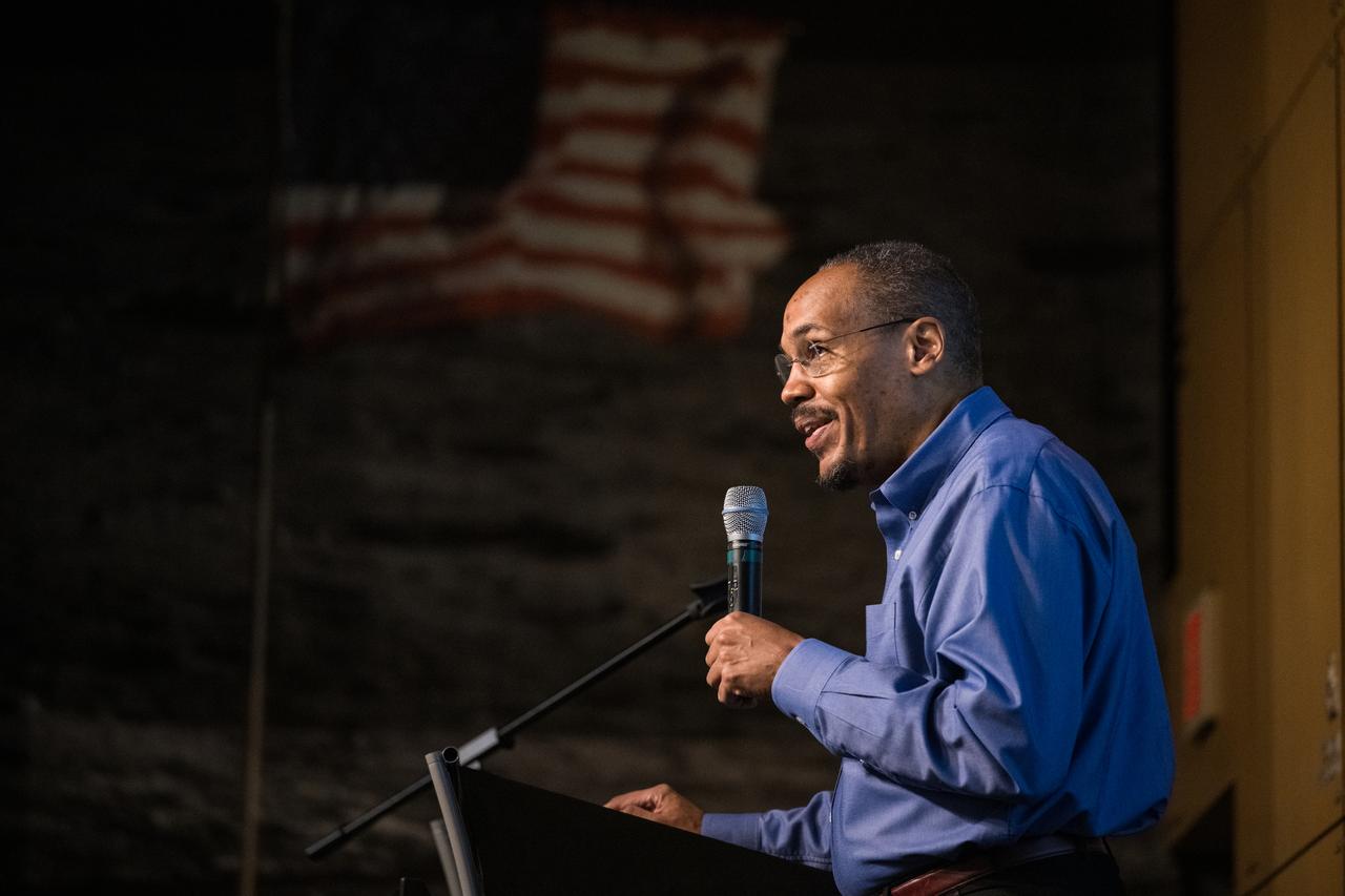 Former astronaut Alvin Drew provides remarks during the Earth Information Center Student Engagement event at the Mary W. Jackson NASA Headquarters building, Friday, Sept. 29, 2023, in Washington. Photo Credit: (NASA/Aubrey Gemignani)