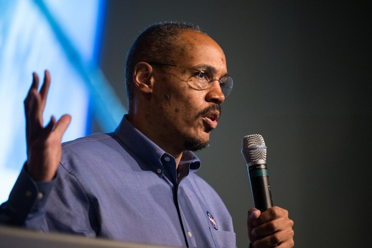Former astronaut Alvin Drew provides remarks during the Earth Information Center Student Engagement event at the Mary W. Jackson NASA Headquarters building, Friday, Sept. 29, 2023, in Washington. Photo Credit: (NASA/Aubrey Gemignani)